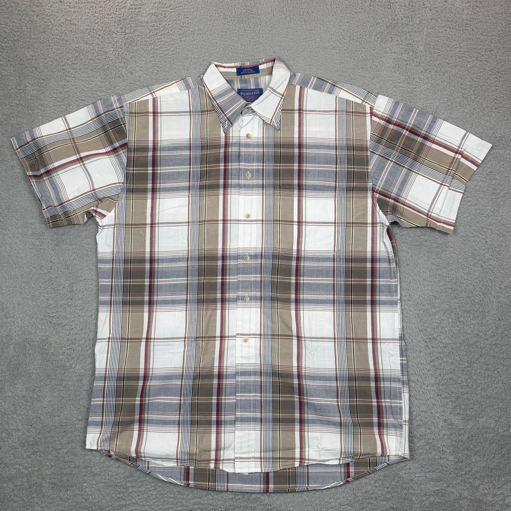 Pendleton Mens Large Short Sleeve Plaid Button Down Shirt Cotton Brown Tan Grey